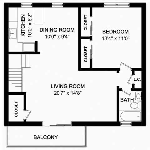 Floor plan for 1 bed, 1 bath, 795 sqft